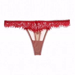 Detail of red eyelash lace thong with a delicate bow and sheer mesh paneling