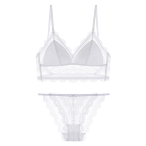 Detailed flat lay of white lace french triangle bra and matching panties set
