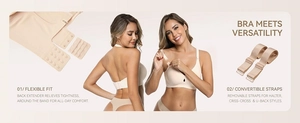 Detail view of beige seamless bra featuring convertible straps and adjustable back extenders