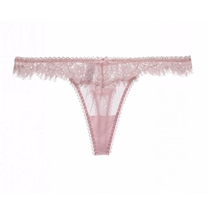Close-up of pink eyelash lace thong with sheer mesh and delicate bow detail