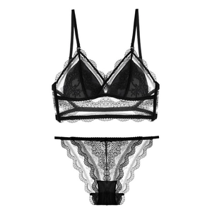 Flat lay of black lace lingerie set featuring triangle cups and sheer mesh details