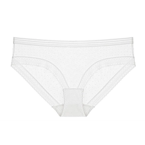 Close-up of white mesh panties featuring delicate lace edges and subtle polka dot patterns