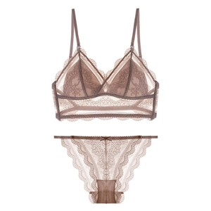 Detailed view of coffee brown lace lingerie set with wireless triangle bra and matching briefs