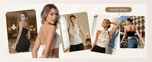 Detailed showcasing of various halter style tops including elegant dresses and soft bras