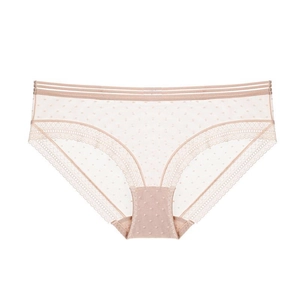 Detail of nude lace mesh panties with polka dots and multi-strap elastic waistband