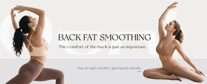 Detail showing high-waisted yoga pants and seamless bra with back fat smoothing design
