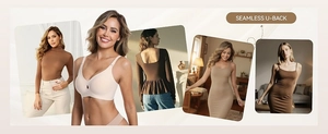 Seamless nude U-back bra with deep V-neckline invisible under various tight outfits