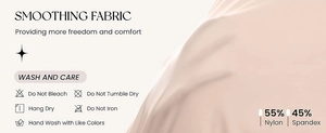 Detail view of smooth nude fabric with 55% Nylon and 45% Spandex washing instructions