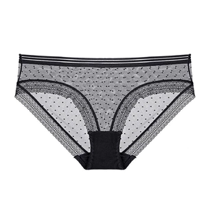 Detail of black polka dot mesh panties with eyelash lace trim and double elastic waistband