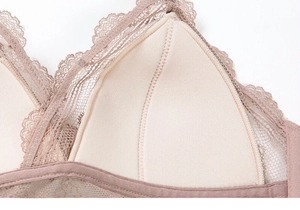 Detailed macro view of delicate eyelash lace trim and soft inner lining on a French bra