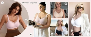 Detail view of V-neck mesh bra showing fit and support across S to 2XL sizes