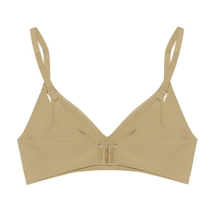 Detail of adjustable straps and seamless back closure of this beige wireless bra