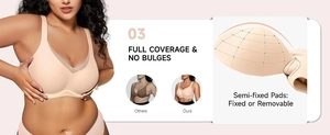 Detail of plus size wire-free bra featuring semi-fixed pads and wide side coverage