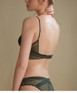 Detailed back view of dark green lace bra and matching panties with sheer floral texture