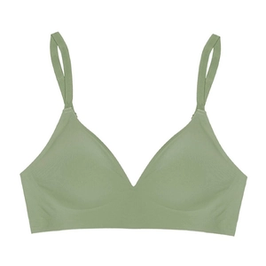 Detail view of seamless wire-free triangle bra in light green with wide side support band