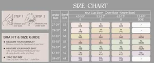 Size guide for seamless wireless bra showing bust measurements and cup size chart