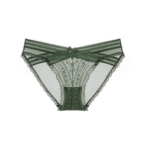 Detail of dark green lace panties featuring breathable mesh and a center bow decoration