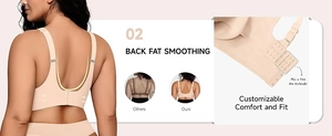 Detail of plus size bra featuring back fat smoothing design and extra bra hook extender