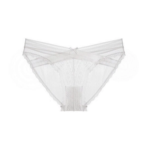 Detail of white lace panties featuring delicate floral embroidery and a small bow tie