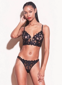 Detail of black deep V floral lace embroidery lingerie set with mesh fabric
