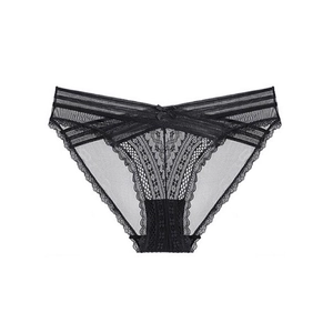 Detail view of black lace panties with crisscross waist bands and a small bow decoration
