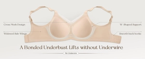 Detail showing cross mesh design and W-shaped support on seamless skin tone bra