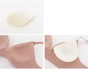 Detail of the seamless bra showing the insert opening and removable teardrop foam pads
