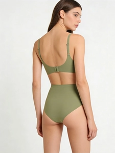 Rear view of seamless olive green lingerie set with adjustable straps and high waist briefs