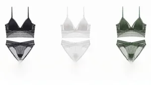 Lace bra and panty sets in black, white, and dark green with French triangle cups
