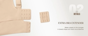 Detail of skin-tone wireless bra with a three-row four-hook matching bra extender