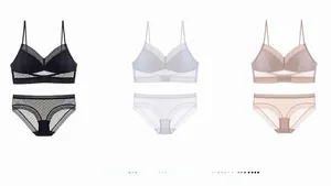Detail of sheer polka dot mesh lingerie sets in black, white, and pink lace