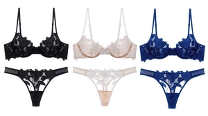 Three sets of lace floral embroidery bras and matching panties in black, beige, and navy blue