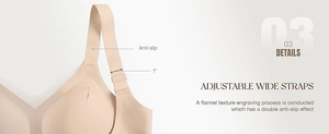 Detail of adjustable 1-inch wide anti-slip straps with soft flannel texture on nude bra