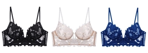 Detail of floral lace embroidery on deep V-neck bras in black, beige, and blue