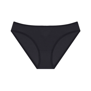 Detailed view of black low-waist panties featuring fine ribbed texture and breathable lace trim
