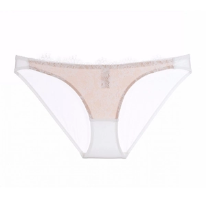 Close-up of white eyelash lace panties showing delicate floral patterns and mesh details