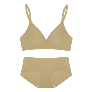 Seamless V-neck beige bra and panty set with thin straps and wire-free support