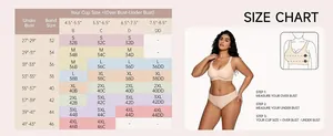 Detailed size chart for V-neck wire-free bra with measuring guide from S to 4XL size