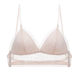 Close-up of pink lace triangle bra showing delicate floral patterns and mesh details