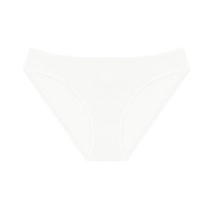 Detail of white cotton panties featuring fine ribbed texture and clean stitched edges