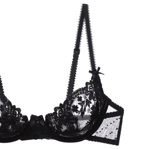 Close-up of black floral lace bra featuring embroidery texture and mesh details