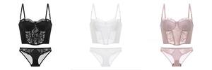 Detailed flat lay of lace bustier lingerie sets with fishbone support in three colors