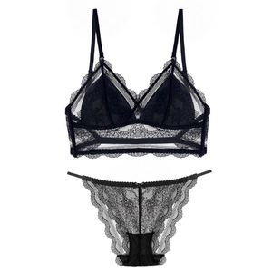French style black floral lace lingerie set with triangle bra and low waist briefs