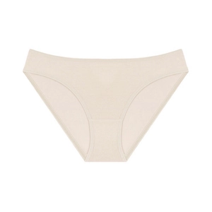 Detailed flat lay of beige lace trim panties showing high-quality stitching and cotton crotch
