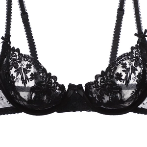 Detailed close-up of black floral lace embroidery and sheer mesh on a French style bra