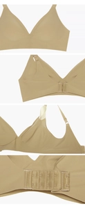 Detailed views of beige seamless wire-free bra showing V-neck, straps, and back hook closure