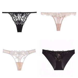 Women Sexy Lace Thong Nylon Embroidery Floral Low Waist Panties Breathable Cotton Crotch G-String Lingerie T-Back Underwear