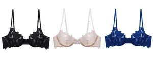 Three ultra-thin lace bras with floral embroidery in black, pink and navy blue colors