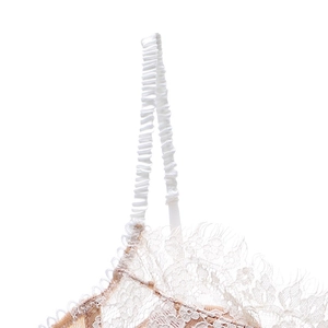 Détail macro de dentelle de cils française et bretelles plissées élastiques sur le soutien-gorge