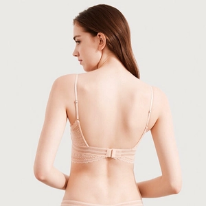 Detailed close-up of a nude pink lace bra set featuring a deep U-back design and thin straps